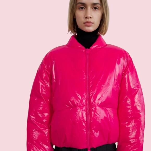 Zara Glossy Shiny Vinyl Puffer Jacket Hot Pink High Neck NEW Size Large L Baddie - Picture 1 of 16